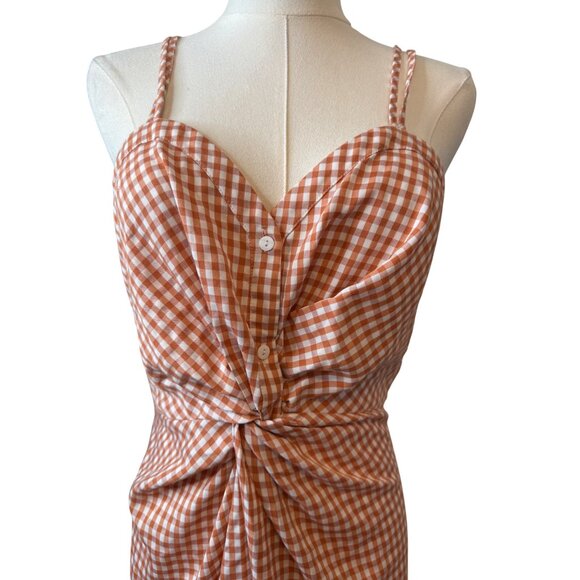 2/$30 Zara Medium Terracotta & White Gingham Knotted Button Midi Dress - Picture 4 of 13